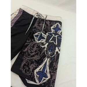 Affliction Swim Trunks Mens 34 Black Board Shorts Surfing Y2K Cross